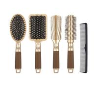 5 Pcs Hair Brush Set,Anti-Static Detangling Kit with Oval,Round,Vent & Paddle Brush for Scalp Massage at Home for Women & Men,Gold