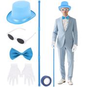 5 Pcs Halloween Adult Blue Top Hat Costume include Top Hat Bow Ties Glasses Gloves and Spliced Walking Stick for Halloween Cosplay Party(Blue)