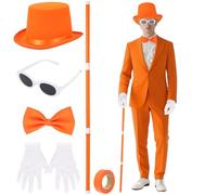 5 Pcs Halloween Adult Orange Top Hat Costume include Top Hat Bow Ties Glasses Gloves and Spliced Walking Stick for Halloween Cosplay Party(Orange)