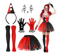 5 PCS Halloween Clown Costume Accessories Women, Clown Hat Headband Gloves Face Gems Harlequin Socks Tutu Skirt, Harlequin Jester Costume Women Accessories for Halloween Carnival Cosplay Party