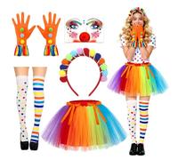 5 PCS Halloween Clown Costume Women, Rainbow Clown Headband Face Tattoos Gloves Knee High Socks Rainbow Tutu Skirt, Circus Harlequin Jester Costume Women Accessories for Halloween Carnival Cosplay