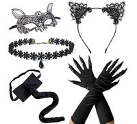 5 pcs Halloween Costume Black Cat women Accessories Set Includes Lace Cat Ear Mask, Lace Ear Headband, Gothic Choker, Long Claw Gloves, and Plush Tail for woman Cosplay The Mysterious Halloween Party