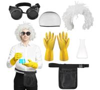 5 Pcs Halloween Mad Scientist Costume Set for Adult Mad Scientist Accessories Men Include Mad Scientist Wig, Goggles Glasses Rubber Gloves Tool Belt for Halloween Costume Cosplay