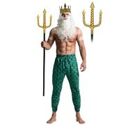 5 Pcs Halloween Poseidon Costumes Cosplay God of The Sea Mermaid Pants Muscle Shirt Trident Scepter Wig Beard and King Crown, Green, XL
