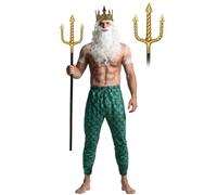 5 Pcs Halloween Poseidon Costumes Cosplay God of The Sea Mermaid Pants Muscle Shirt Trident Scepter Wig Beard and King Crown, Green, L