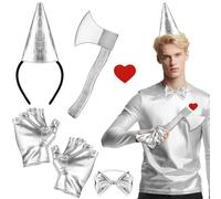 5 PCS Halloween Tin Man Costume Accessories for Adults Kids, Silver Plastic Axe Prop Funnel Hat Headband Bow Tie Gloves Heart Sticker, Tinman Costume Adult for Halloween Carnival Theme Party Cosplay