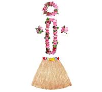5 Pcs Hawaiian Hula Skirt Costume Set,40cm Hawaiian Grass Skirt,Flower Leis Necklace Headband Bracelets Luau Skirts,Fancy-dress Partys,Summer Beach Tropical Party Decorations for Kids Adults (Pink)