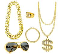 5 Pcs Hip Hop Costume Kit, Dollar Sign Ring, Necklace, Sunglasses, Fake Gold Chain /Bracelet Set, 80s 90s Disco Gold Digger Fancy Dress, Rock Star Hippie Rapper Accessories, Fake Bling Jewelry Set