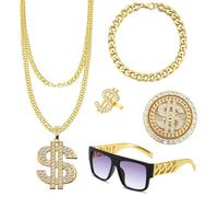 5 pcs Hip Hop Fake Bling Gold Jewelry Decoration Suit, 80s 90s Rapper Costume Accessories for Men Women, Including Dollar Sign Necklaces, Rings, Spinners, Bracelets, and Sunglasses