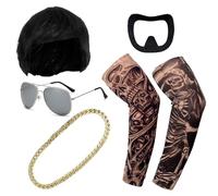5 PCS Ibiza Final Boss Outfit, Include Black Bowl Cut Wig Glasses Beard Necklace and Tattoo Sleeve for Bachelor Parties Festivals And Fun Photo Shoots (One Size)
