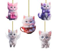 5 PCS Ideas 2D Acrylic Christmas Cat Ornament Small Cute Xmas Tree Family Decoration Kit with String Santa Craft Present Garden House Wall Window Wreath Party Bag Outdoor Mini Hanging Bauble Decor