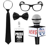 5 Pcs Journalist News Reporter Dressing Accessories Set,Fake Microphone Prop, Glasses, Bow Tie, Pass Identity Card and Tie for Career Day Dress-up Outfit for Everyone
