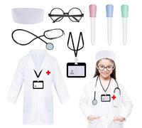 5 Pcs Kids Doctor Costume Set, Scientist Fancy Dress Experiment Accessories Kit with Lab Coat Hat Dropper Glasses Work Card Stethoscope for Role Play World Book Day School Projects Party Supplies