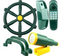 5 Pcs Kids Playground Accessories Outdoor Plastic Steering Wheel Phone Telescope Telephone Safety Handle for Kids Playhouse Jungle Gym Backyard Tree House (Green Set 1)