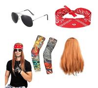 5 Pcs Kids Rockstar Costume, Punk Rockstar Fancy Party Kit,Wearing Vintage Sunglasses, Gloves, Wig, Vintage Red Headscarf, Perfect for kids boys and girls create the ultimate rockstar look