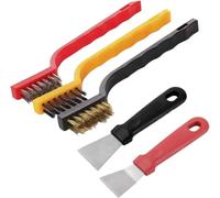 5 Pcs Kitchen Stove Cleaning Brush + Scraper Tool Set, Heavy Duty Scraper for Gas Burners Cooktop Pot Pan Brass, Stainless Steel and Nylon Brush Head Brushes for Range Hood Grease Grime Accessories