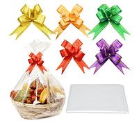5 Pcs Large Cellophane Wrap for Hampers,5pcs Pull Bows for Hampers, Celefane Gift Wrap for Hampers Bags XL Cellophane Bags for Hampers Hamper Plastic Wrap Hamper Baskets for Gifts Kit