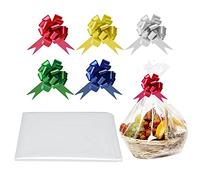 5 Pcs Large Cellophane Wrap for Hampers,5pcs Pull Bows for Hampers, Celefane Gift Wrap for Hampers Bags XL Cellophane Bags for Hampers Hamper Plastic Wrap Hamper Baskets for Gifts Kit