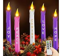 5 Pcs LED Flameless Advent Candle Set Christmas Advent Candles with Words Hope Peace Love Joy Christ and Remote Purple Pink White Taper Candles for Church Advent Wreath (Melted with Words and Remote)