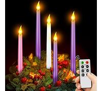 5 Pcs LED Flameless Advent Candle Set With Remote - Christmas Seasonal Celebration Candles, Purple Pink White Taper Candles for Church Wreath (Simple With Remote)