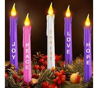 5 Pcs LED Flameless Advent Candle Set With Words Hope Peace Love Joy Christ - Purple Pink White Taper Candles for Church Wreath Rituals, 10 Inch (Melted With Words)