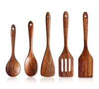 5 Pcs Luxury Wooden Kitchen Utensils Spoons Non Stick Spatula Cooking Utensils Set-Best Wood Spatula Paddle, Slotted Spatula, Angled Turner Spatula, Serving Cooking Spoon & Mixing Spoon Utensil
