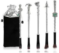 [5 PCS] Makeup Brush Set Metal, 3D Silver Handle Wizard Wand for Foundation Blush, Eyeshadow, Face Concealer, Eyeliner Contour, Powder Liquid Eye, H P Movie, Anime Gift for Girls, Women