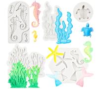 5 PCS Marine Theme Fondant Moulds Sea Turtle Seahorse Silicone Mould Mermaid Fondant Mould Starfish Coral Baking Mould for Cupcake Topper Cake Decoration Polymer Clay Gum Paste