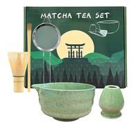 5 PCS Matcha Set, Matcha Whisk Set Includes Bamboo Chasen Whisk, Ceramic Tea Bowl, Scoop, Strainer and Matcha Whisk Holder, Handcrafted Japanese Tea Set Matcha Kit for Matcha Lovers - Green