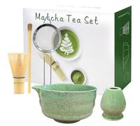 5 PCS Matcha Whisk Set, Green Matcha Set Includes Bamboo Chasen Whisk, Ceramic Tea Bowl, Scoop, Strainer and Matcha Whisk Holder, Handcrafted Japanese Tea Set Matcha Kit for Matcha Lovers