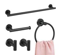 5 Pcs Matte Black Bathroom Accessories Set, Stainless Steel Wall Mounted Bathroom Hardware Set Includes Towel Rail, Toilet Paper Holder, Towel Ring and Robe Hooks, Rustproof Waterproof Easy to Install