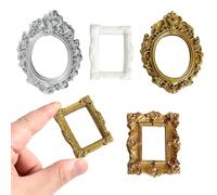 5 Pcs Mini Gold Frames, Miniature Vintage Photo Frames with Elegant Carved Design, Mini Picture Frames for Craft Display, Desktop Decoration, Jewelry Display Stand, DIY Miniature Furniture Props