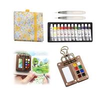 5 Pcs Mini Watercolour Paint Set Travel, Portable Travel Painting Set, 8 Grids Travel Watercolour Paint, Lid Foldable Wooden Palette with Watercolor Pen Sketchbook Metal Clip for Painters Artists
