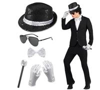 5 PCS MJ Costume Accessories, Disco Costume with Sequin Hat Fake Microphone Sunglasses Silver Gloves Sequin Bow Tie, Pop Fancy Dress, 1980s Dancer Pop Star Cosplay Halloween Party Dress Up Props