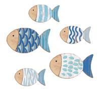 5 Pcs Nautical Wall Decor - Wooden Fish Art for Lake House, Ocean Decor, Vintage Blue Fish Ornaments for Home, Bathroom, Bedroom