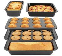5 PCS Non-Stick Bakeware Set, Carbon Steel Baking Trays for Oven - Includes Loaf Tin, Cake Pan, Muffin Tray (12 Cup), Roasting Pan & Cookie Sheet, Stackable Easy Release Baking Set - Black