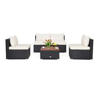 5 PCS Outdoor PE Wicker Conversation Set with Solid Acacia Wood Tabletop and Soft Cushions for Patio Garden Poolside