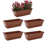 5 Pcs Outdoor Rectangle Plastic Vegetable Plant Pot With Drainage Holes & Tray, Large Flower Planters For Succulent, Herbs & Vegetables, Window Long Pots For Home Garden, 50 x 19 x 15cm (Brick Red)