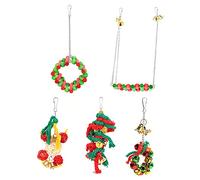 5 Pcs Parakeet Toy Christmas Day Decoration Chewing Toy Swing Stand for Pet Birds, Made of Pure Organic Logs, Add Christmas Elements, Bright Colors, 5 Different Toys, Fun Place