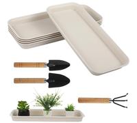5 PCS Plastic Plant Drip Trays, Rectangular Plant Trays 15.6 x 6.6 x 1.2 in, with 3 Garden Tools, Frosted Non-Slip Plastic Planter Saucer Tray for Indoor and Outdoor Pots, Beige