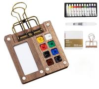 5 PCS Pocket Watercolour Set, 8 Grids Mini Travel Art Kit, Portable Paint Set with Foldable Wooden Palette, Sketchbook, Brush, Paint, Metal Clip
