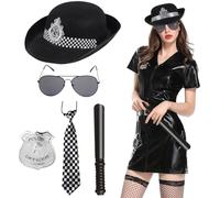 5 Pcs Police Costume Accessories Set for Women, Police Fancy Dress Cop Costume Halloween Police Officer Outfit with Police Hat Badge Tie Black Glasses Baton for FBI Role Play Cosplay Party Dress Up