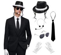 5 PCS Pop Star Costume Accessories Set 80s Dancer Rocker Star Cosplay Set | Adults King of Pop Fancy Dress Set with Jazz Hat Gloves Sunglasses Head Microphone Tie, Retro Theme Party Wear for Dance