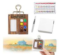 5 Pcs Portable Watercolor Palette - 8 Grids Travel Watercolour Paint Set, Portable Travel Painting Set, Lid Foldable Wooden Palette, Sketchbook Brush Watercolour for Painting Lovers