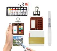 5 Pcs Portable Watercolor Palette, Pocket Artist Watercolour Travel Set Travel Paint Palette with 8 Grids Mini Wooden Palette Watercolor Pen Sketchbook Metal Clip for Watercolor Artist Enthusiast