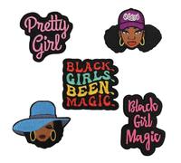 5 Pcs Pretty Girl, Black Girl Magic, Women Female Embroidered Applique Iron On Sew On Patch