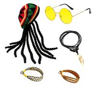 5 Pcs Rasta Hat with Dreadlocks, Reggae Fancy Dress Set, Bob Marley Costume Accessories, Caribbean Fancy Dress for Halloween Parties, Cosplay, and Music Festivals