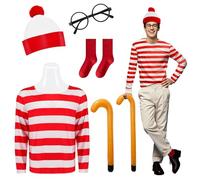 5 Pcs Red and White Striped Wally Costume for Adult, World Book Day Fancy Dress Red and White Stripe T-Shirt Beanie Hat Glasses Inflatable Cane Socks, Classic Cosplay Costumes for World Book Day - M