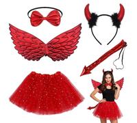 5 Pcs Red Devil Costume For Women, Ladies Devil Outfit with Red Angel Wings, Headband, Bow Tie, Tail, Chiffon Skirt, Halloween Costumes Women Fallen Angel Wings Halloween Fancy Dress Accessories