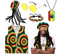 5 Pcs Reggae Fancy Dress Costume Accessories, Jamaican Rasta Costume with Rasta Hat with Dreadlocks Caribbean Vest Sungalsses Bracelet Neckalce for Women Men Halloween Carnival Cosplay Party